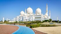 Sheikh Zayed Grand Mosque with Ferrari World from Dubai